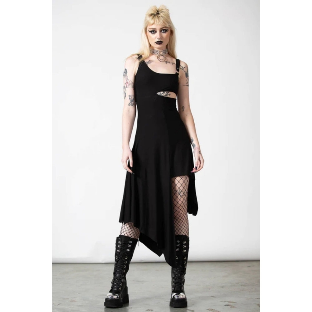 Killstar L Black Corvia Asymmetrical Strap Dress